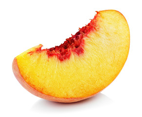 Poster - Slice of ripe peach fruit isolated on white background. Peach slice with clipping path