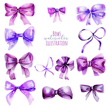 Set Of Watercolor Purple Bows, Hand Painted Isolated On A White Background