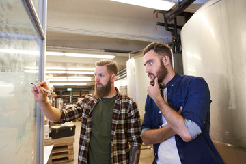 men writing on whiteboard at brewery or beer plant