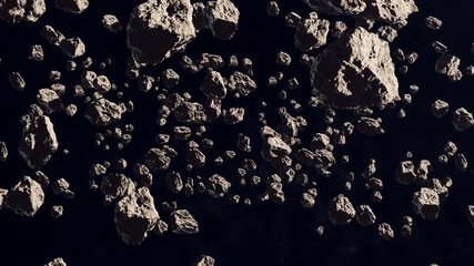 Wall Mural - a lot of 3d asteroids on the starry sky space fly on the camera. 3d rendering.