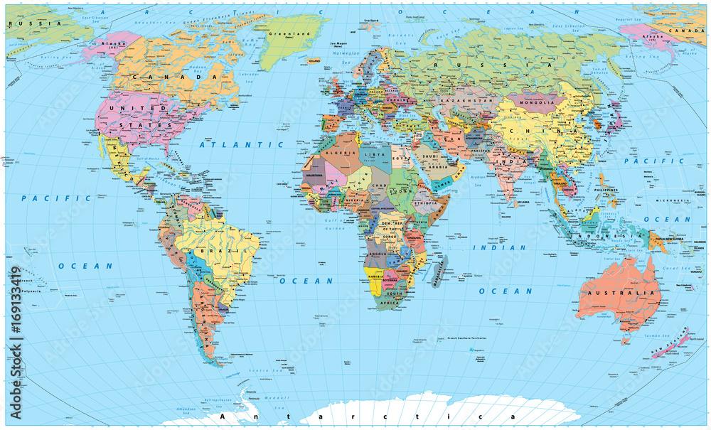 Kolorowa mapa świata - granice, kraje, drogi i miasta, fototapeta - obrazy, fototapety, plakaty 