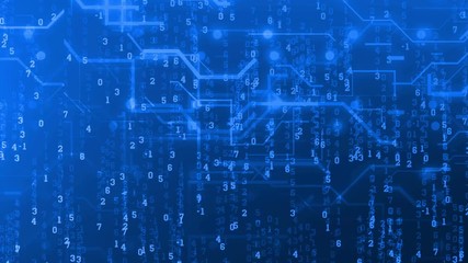 Wall Mural - abstract circuit board connection animation and falling down digital numbers with a blue background.