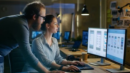 Wall Mural - female ux architect has discussion with male design engineer, they work on mobile application late a