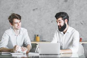 Poster - Two cheerful businessmen working on project together