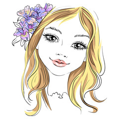 Wall Mural - Hand drawn beautiful girl with flower in hair. Vector illustration. T-shirt print