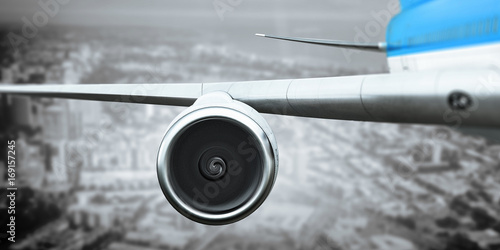 Fotografija Close of airplane in sky. Mixed media