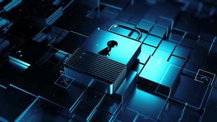 Wall Mural - abstract 3d rendered technology background. digital theme. lock is laying on fractured surface with 