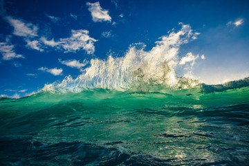 Wall Mural - sea water in sunlight rising green blue wave