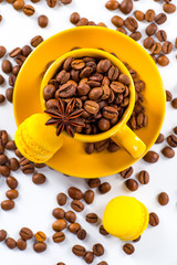 Wall Mural - Coffee cup and beans on a white background.