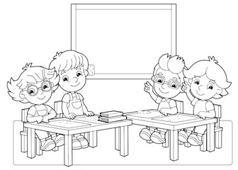 cartoon scene with children in the classroom holding hands up vector coloring page - illustration for children