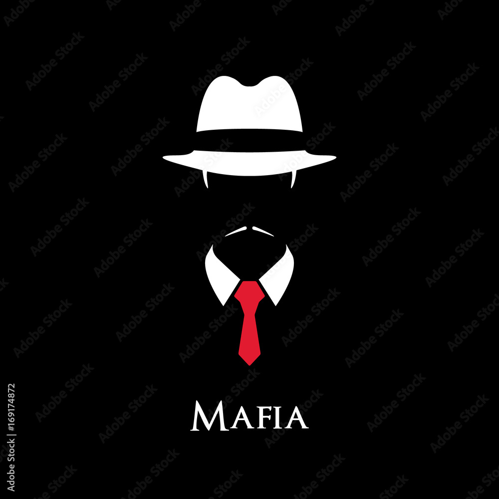 White Silhouette of an Italian Mafia with a red tie on a black background. - obrazy, fototapety, plakaty 