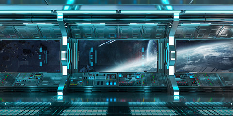 Fototapete - Spaceship interior with view on distant planets system 3D rendering elements of this image furnished by NASA
