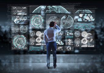 Poster - Businessman watching graph screens interface on a rooftop 3D rendering