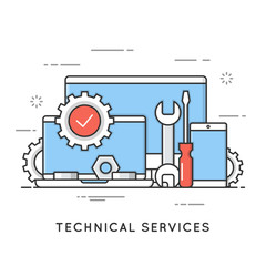 Wall Mural - Technical services, computer repair, support. Flat line art style concept. Editable stroke.