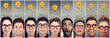 Group of people men and women with many ideas light bulbs above head looking up.