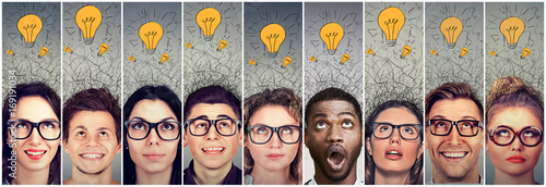 Plakat Group of people men and women with many ideas light bulbs above head looking up.