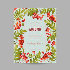 Wall Mural - Autumn Photo Frame with Rowan Berry and Leaves. Seasonal Fall Design Card. Vector illustration