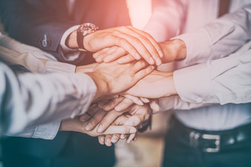 Fototapete - Stack of hands. Unity and teamwork concept.