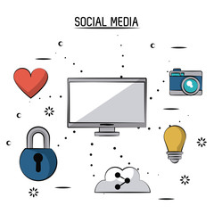 Sticker - colorful poster of social media with desktop computer and icons heart and padlock and cloud link and light bulb and camera vector illustration