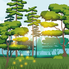 Sticker - colorful background of forest landscape in the morning vector illustration