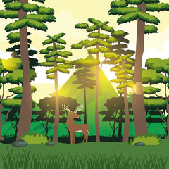 Sticker - colorful background of forest and mountain landscape and deer vector illustration