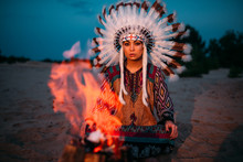 American Indian Girl Against Bonfire, Shaman