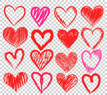 Set Of Hand Draw Red And Pink Heart Symbol On Transparent Background, Stock Vector Illustration
