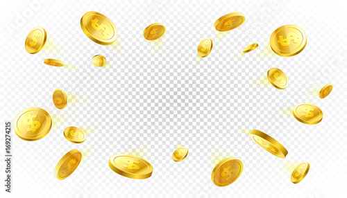 Fotomural Explosion of gold coins with place for text on transparent background