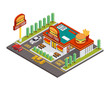 Modern Establish Isometric Commercial Restaurant Building - American Fast Food Burger Restaurant