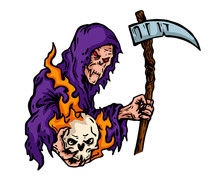 Vintage Tattoo Art Illustration - Scary Grin Reaper Holding A Flaming Skull