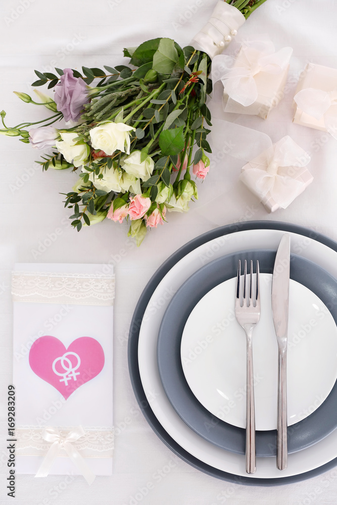 Beautiful table served for lesbian wedding