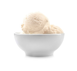 Wall Mural - Bowl with delicious vanilla ice-cream on white background