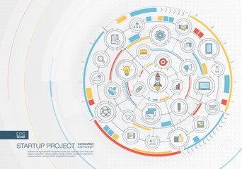 Abstract startup project, development background. Digital connect system with integrated circles, color flat icons. Interface design. Idea bulb, rocket launch concept. Vector infographic illustration