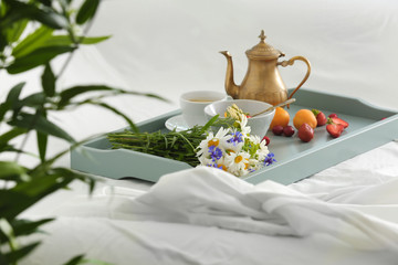 Canvas Print - Tray with delicious breakfast on bed