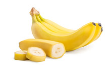 Isolated Bunch Of Banana Fruits And Cut Bananas Isolated On White Background