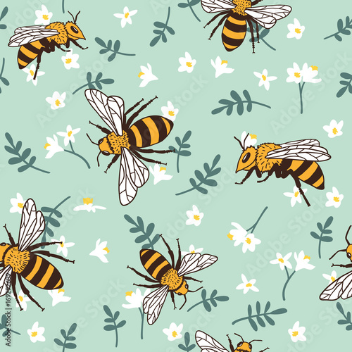 Cotton fabric Vector seamless pattern with bees, leaves and flowers. Black and yellow texture