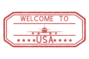 Wall Mural - Welcome to USA red stamp. With airplane sign