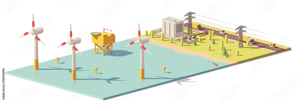 Vector low poly wind turbines power plant Stock Vector | Adobe Stock