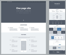 One Page Website Design Template For Business. Landing Page Wireframe. Flat Modern Responsive Design. Ux Ui Website: About Us, Advantages, Features, Facts, Works, Gallery, Team, Contacts, Email, Form.