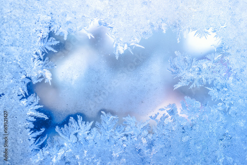 fairy winter ice, blue texture on window, holiday background, close up Obraz na płótnie