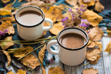 hot chocolate and autumn foliage