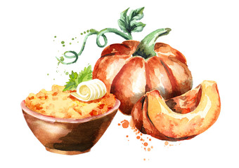 Wall Mural - Pumpkin porridge in the bowl. Watercolor hand-drawn illustration