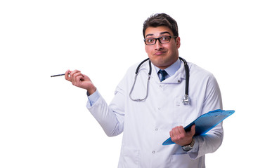 Young male doctor with a writing board isolated on white backgro