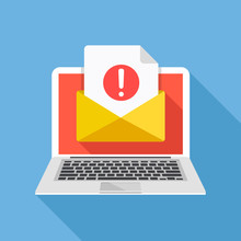 Laptop With Envelope And Document With Exclamation Point On Screen. Receive Notification, Alert Message, Warning, Get E-mail, Email, Spam Concepts. Flat Design Vector Illustration