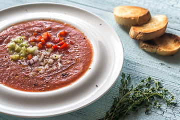 Sticker - Portion of gazpacho on the wooden table