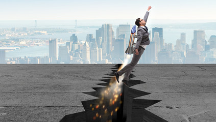 Wall Mural - Businessman flying on rocket from rock gap