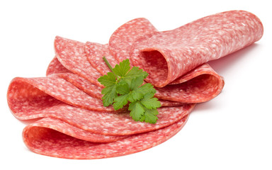 Salami smoked sausage slices isolated on white background