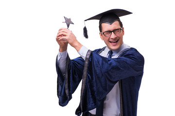 Young man student graduating isolated on white