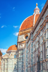 Above view Santa Maria del Fiore (Cattedrale di Santa Maria del Fiore) in Florence, most famous of the architectural edifice of the Florentine Quattrocento. Italy.