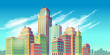 Vector cartoon illustration, banner, urban background with modern big city buildings, skyscrapers, business centers. City landscape.